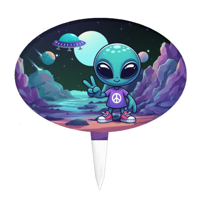 Cute Peace Alien & Space Ship Cake Topper (Front)