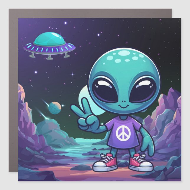 Cute Peace Alien & Space Ship Car Magnet (Front)