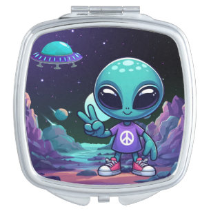 Cute Peace Alien & Space Ship Compact Mirror