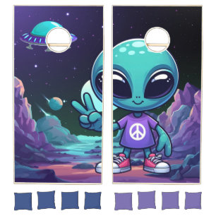Cute Peace Alien & Space Ship Cornhole Set