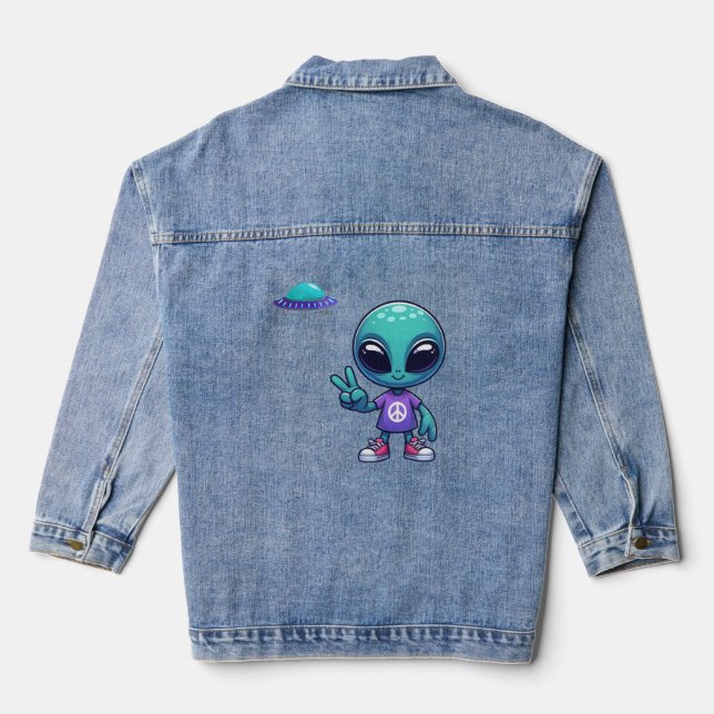Cute Peace Alien & Space Ship Denim Jacket (Back)