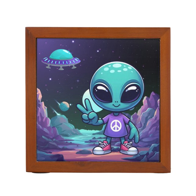 Cute Peace Alien & Space Ship Desk Organizer (Front)