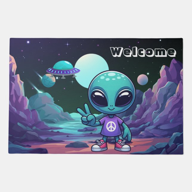 Cute Peace Alien & Space Ship Doormat (Front)