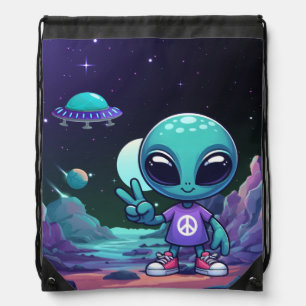 Cute Peace Alien & Space Ship Drawstring Bag