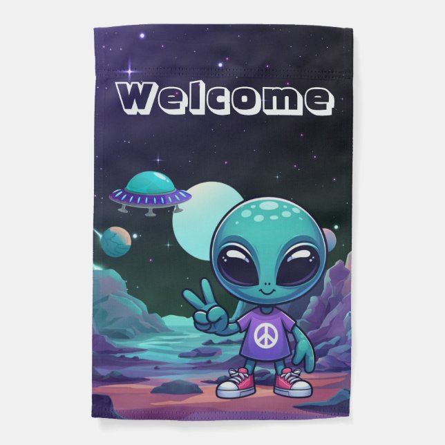 Cute Peace Alien & Space Ship Garden Flag (Front)