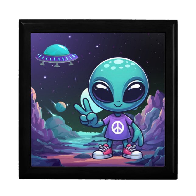 Cute Peace Alien & Space Ship Gift Box (Front)