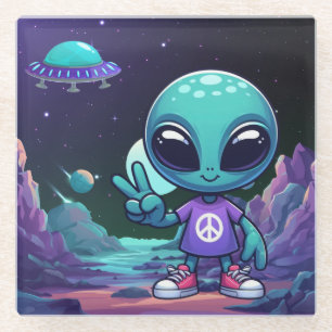 Cute Peace Alien & Space Ship Glass Coaster