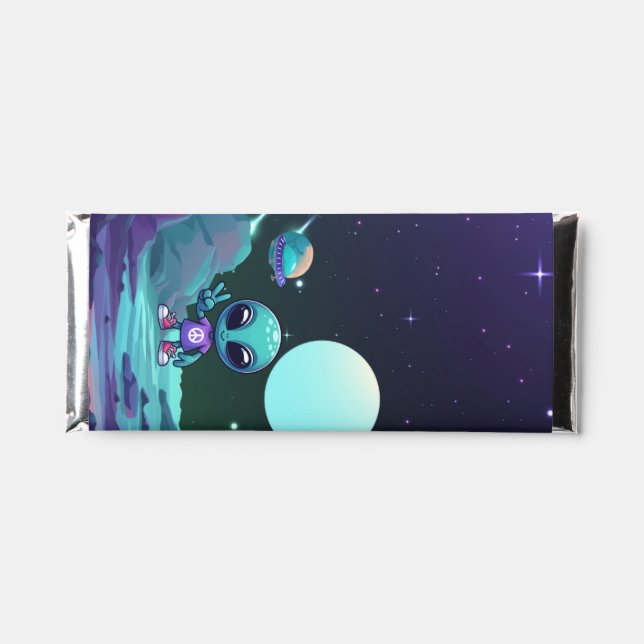 Cute Peace Alien & Space Ship Hershey Bar Favors (Front)