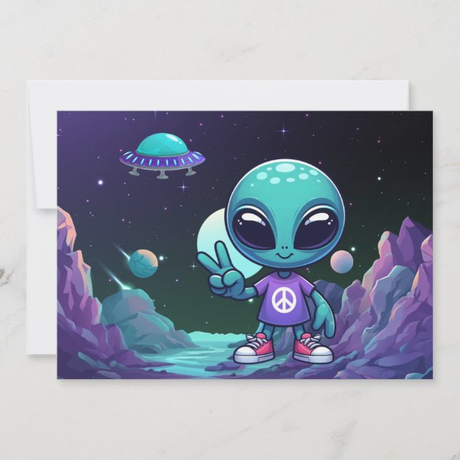 Cute Peace Alien & Space Ship Holiday Card (Front)