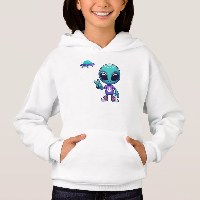 Cute Peace Alien & Space Ship Hoodie (Front)
