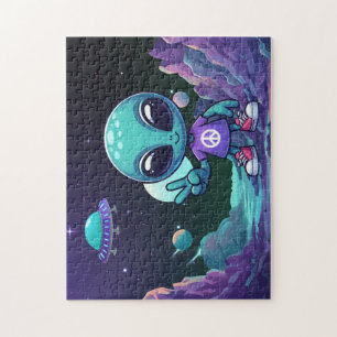 Cute Peace Alien & Space Ship Jigsaw Puzzle