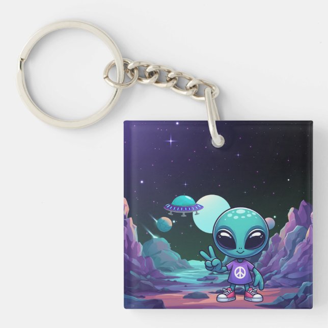 Cute Peace Alien & Space Ship Keychain (Front)