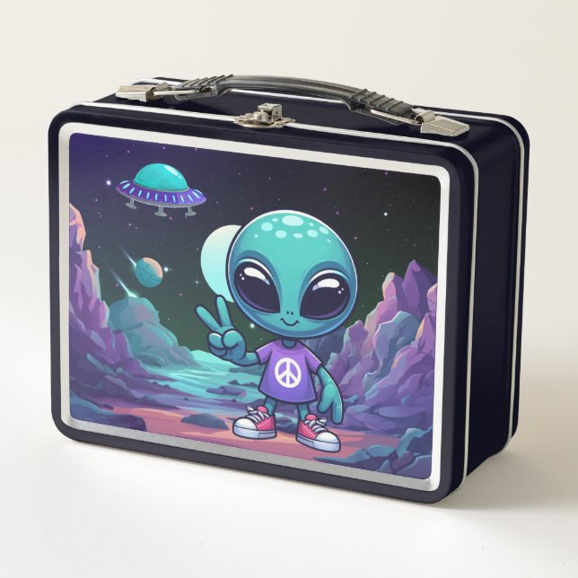 Cute Peace Alien & Space Ship Metal Lunch Box (Front)