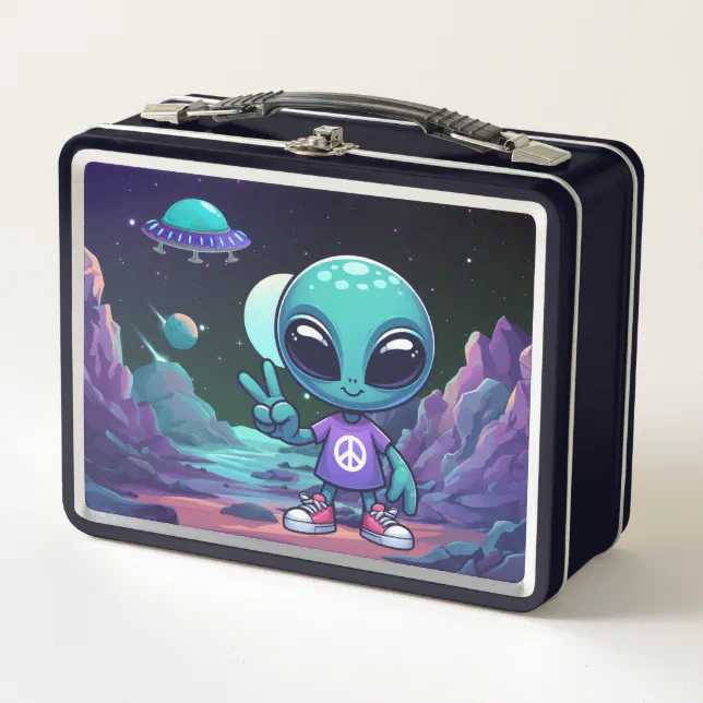 Cute Peace Alien & Space Ship Metal Lunch Box | Zazzle