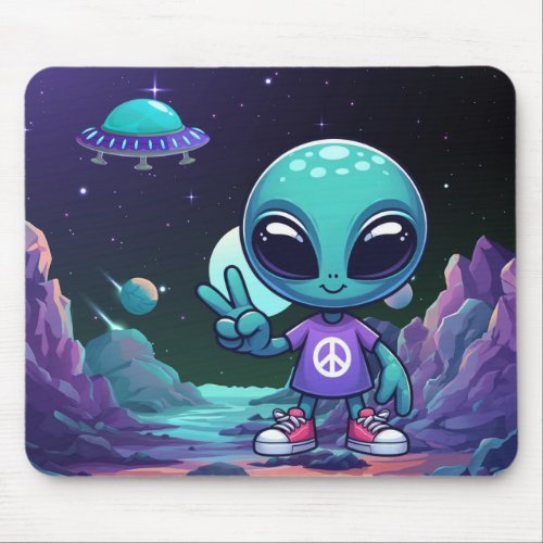 Cute Peace Alien  Space Ship Mouse Pad