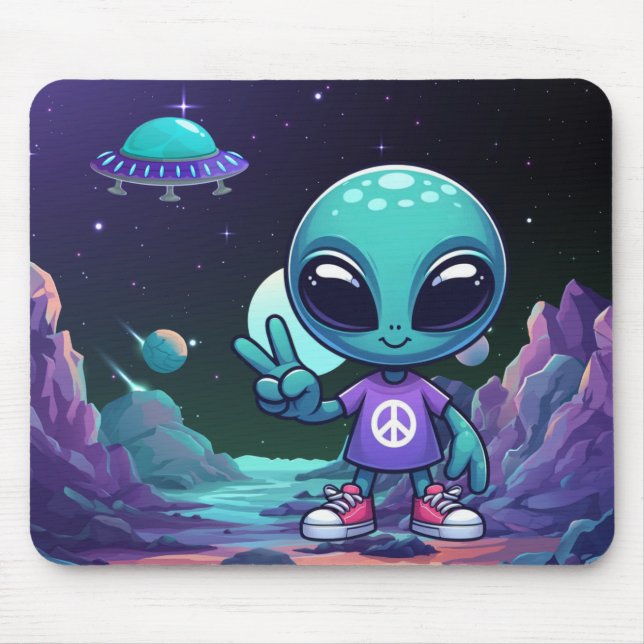 Cute Peace Alien & Space Ship Mouse Pad (Front)
