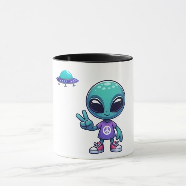 Cute Peace Alien & Space Ship Mug (Center)