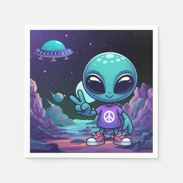 Cute Peace Alien & Space Ship Napkins (Front)
