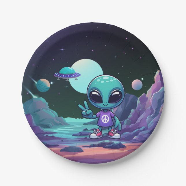 Cute Peace Alien & Space Ship Paper Plates (Front)