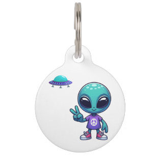 Cute Peace Alien & Space Ship Pet ID Tag
