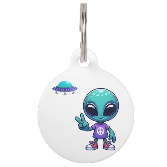 Cute Peace Alien & Space Ship Pet ID Tag (Front)