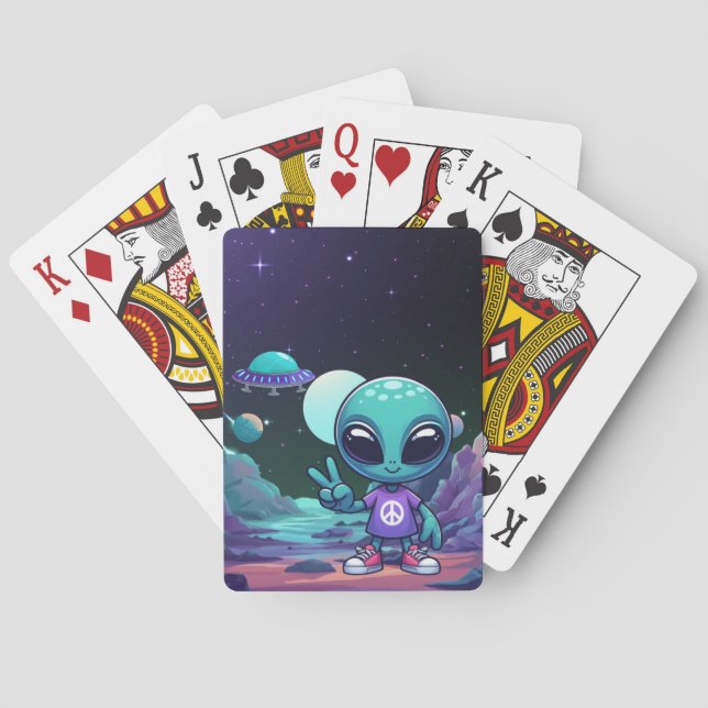 Cute Peace Alien & Space Ship Poker Cards (Back)