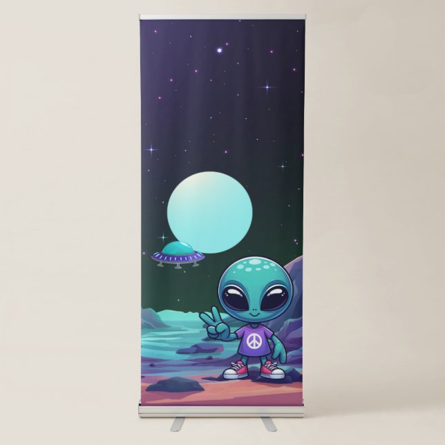 Cute Peace Alien & Space Ship Retractable Banner (Front)