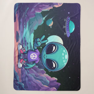 Cute Peace Alien & Space Ship Sherpa Blanket