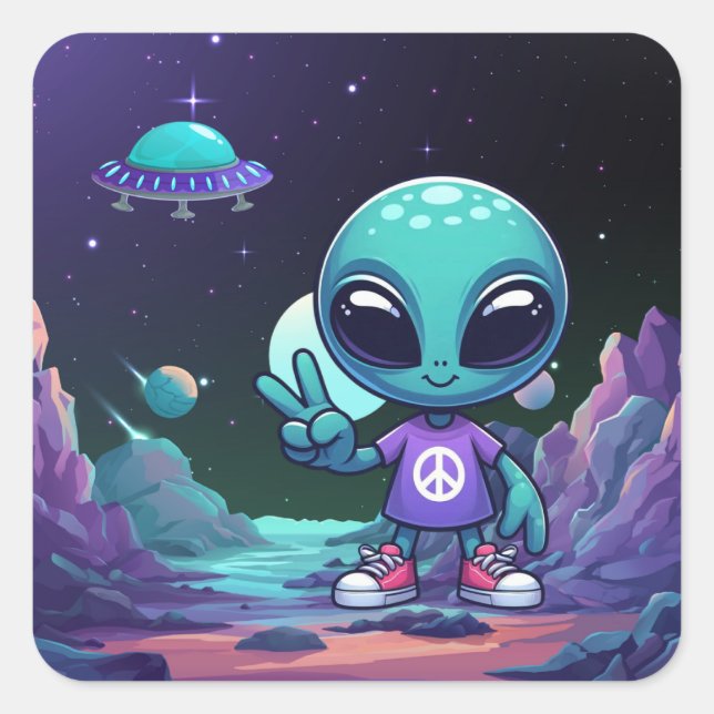 Cute Peace Alien & Space Ship Square Sticker (Front)