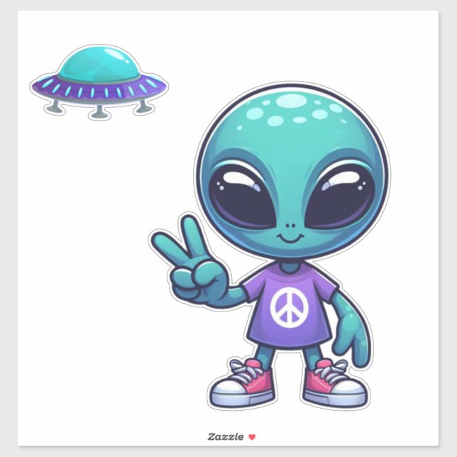 Cute Peace Alien & Space Ship Sticker (Sheet)