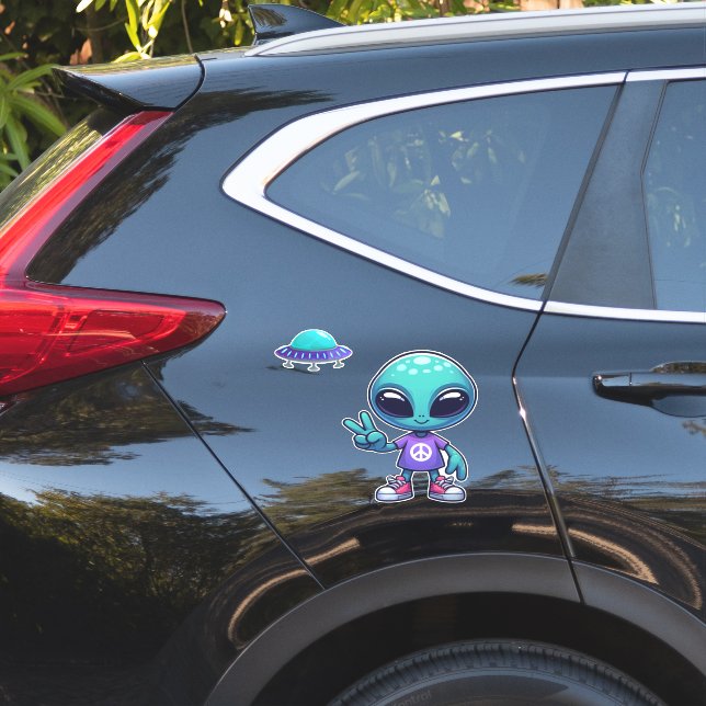 Cute Peace Alien & Space Ship Sticker (Car Side)