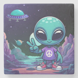 Cute Peace Alien & Space Ship Stone Coaster