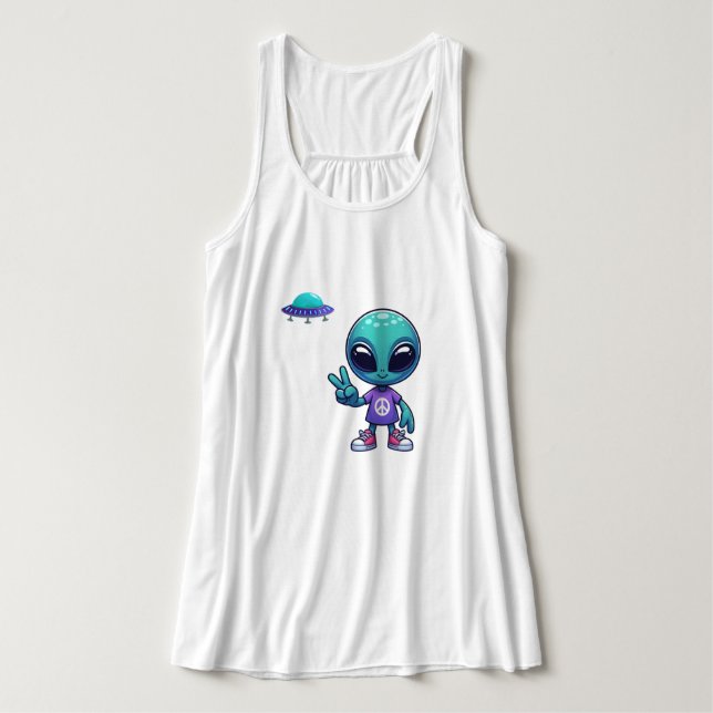 Cute Peace Alien & Space Ship Tank Top (Design Front)