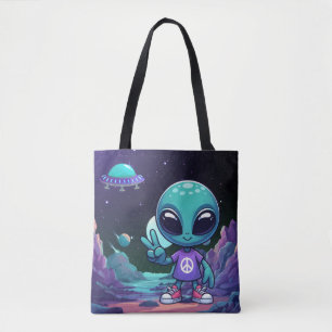 Cute Peace Alien & Space Ship Tote Bag