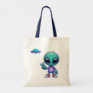 Cute Peace Alien & Space Ship Tote Bag
