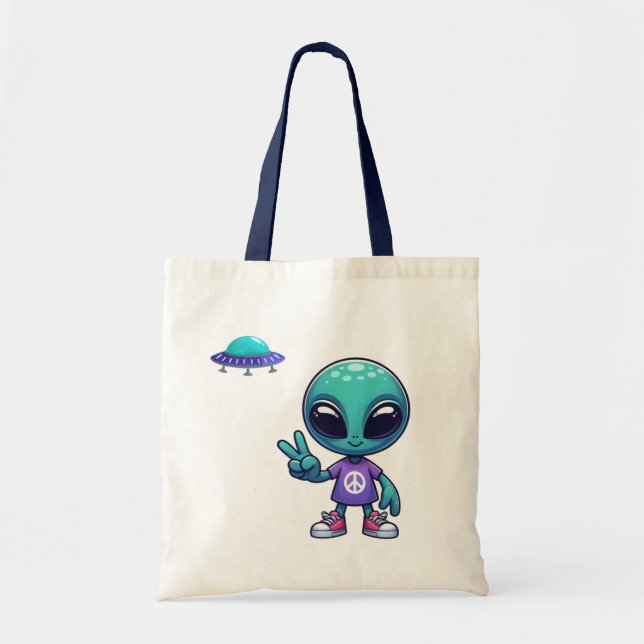 Cute Peace Alien & Space Ship Tote Bag (Front)