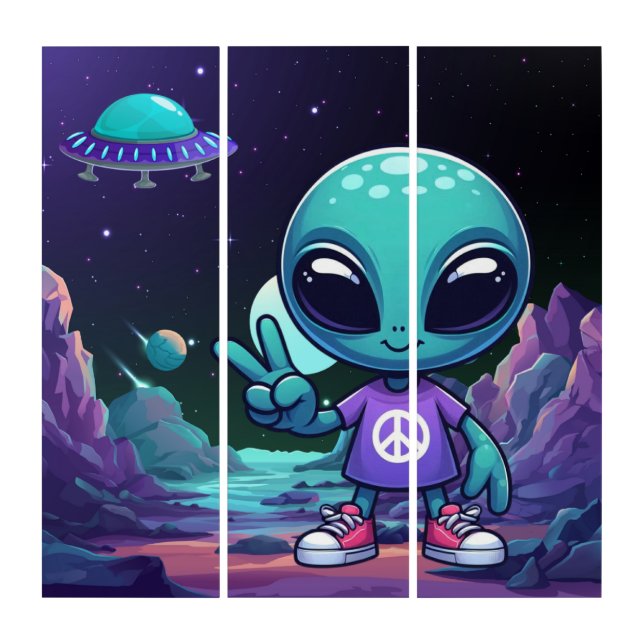 Cute Peace Alien & Space Ship Triptych (Front)