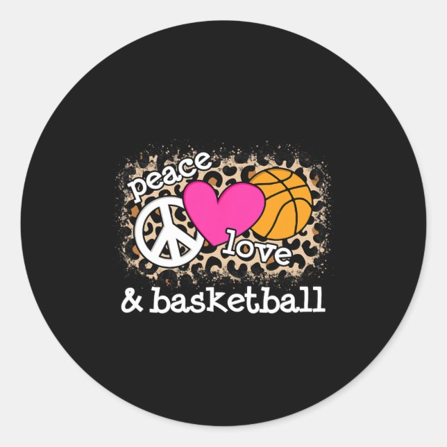 Cute Peace Love Basketball Leopard Print Women Men Classic Round Sticker (Front)