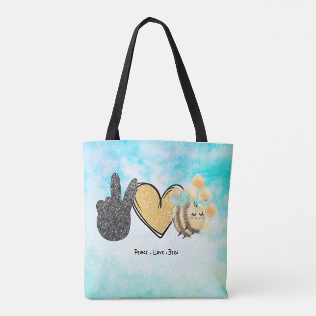 Cute Peace Love Bees All Over Print Tote Bag (Back)