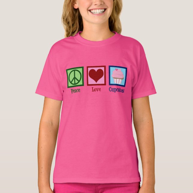 Cute Peace Love Cupcakes Pink Kids T-Shirt (Front)