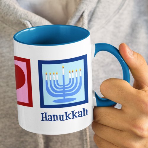 Cute Peace Love Hanukkah Menorah Blue Mug