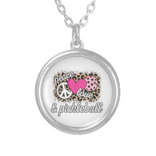 Cute Peace Love Pickleball Player Funny Pickle Bal Silver Plated Necklace