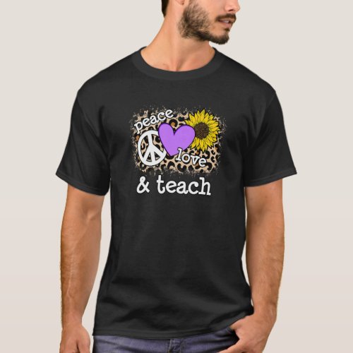 Cute Peace Love Teach Leopard Print Sunflower Purp T_Shirt