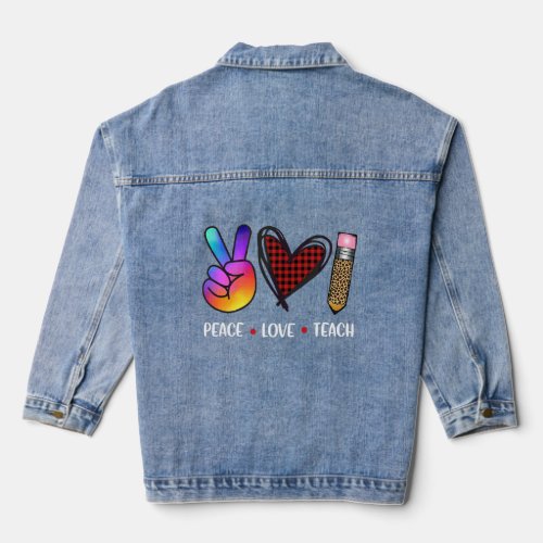 Cute Peace Love Teach With Leopard And Red Plaid P Denim Jacket
