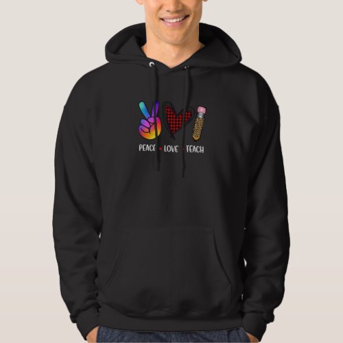 Cute Peace Love Teach With Leopard And Red Plaid P Hoodie