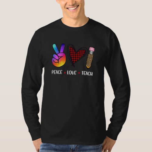 Cute Peace Love Teach With Leopard And Red Plaid P T_Shirt