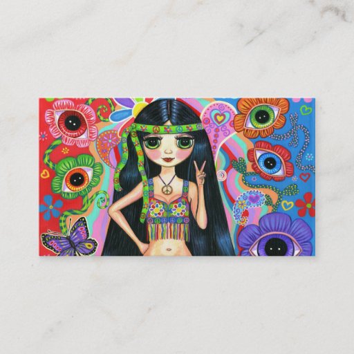 Customizable Cute Peace Sign Hippie Girl Business Card