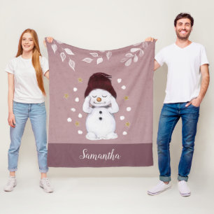 Cute Peaceful Snowman Pink Christmas Holiday Fleece Blanket