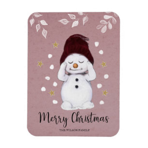 Cute Peaceful Snowman Pink Christmas Holiday Magnet