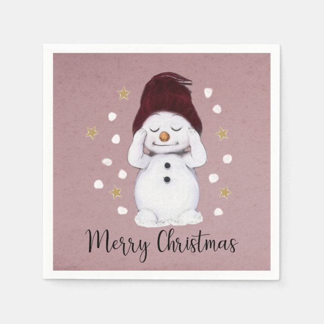 Cute Peaceful Snowman Pink Christmas Holiday Napkins (Front)